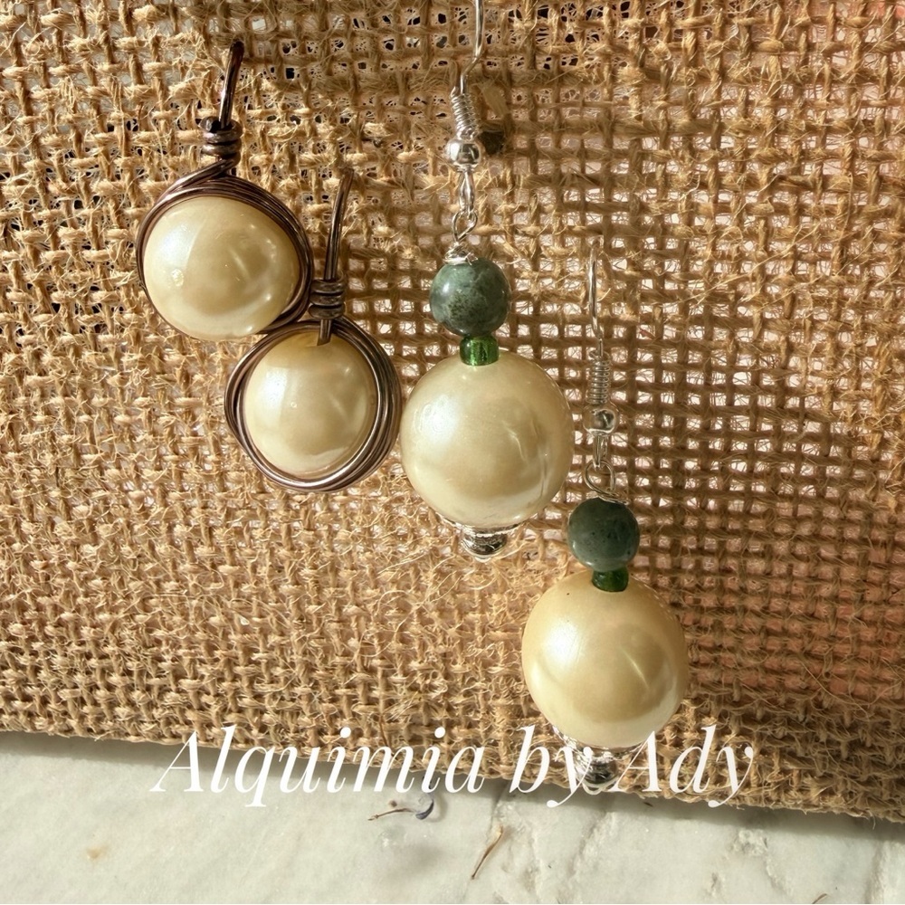 Pearl Bronze & Moss Agate Earrings | Minimal + Marbled Duo